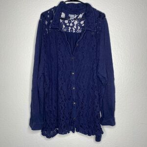 Catherines long sleeve button up lace blouse top blue career sheer stretch 4x